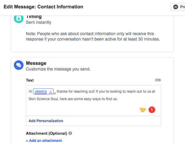 screenshot van setup-interface voor geautomatiseerde reactie van Facebook Messenger-contactgegevens
