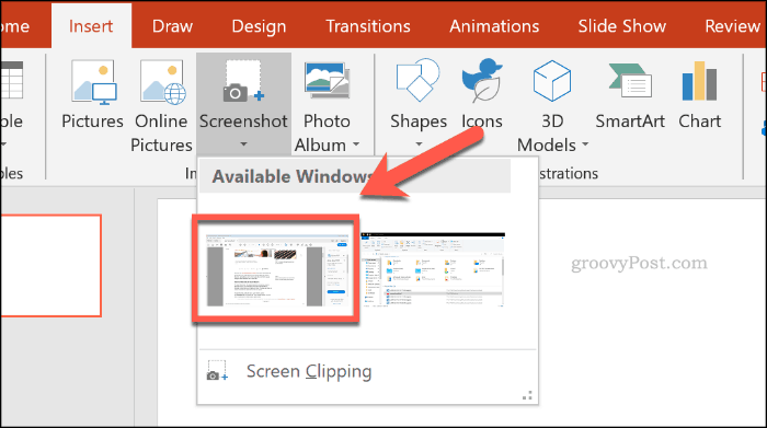 Een screenshotvenster kiezen in PowerPoint