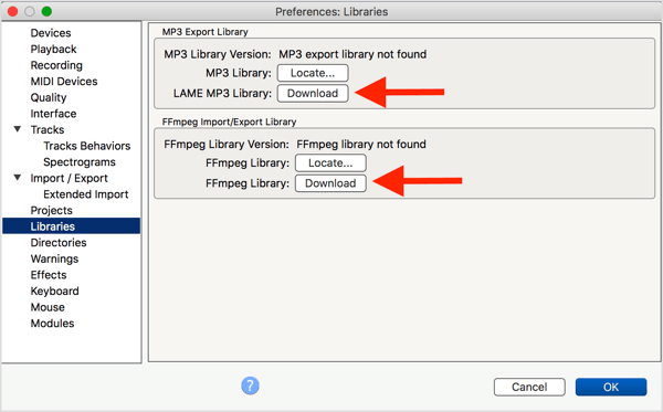 Installeer de optionele LAME MP3-encoder en FFmpeg-bibliotheek met Audacity.
