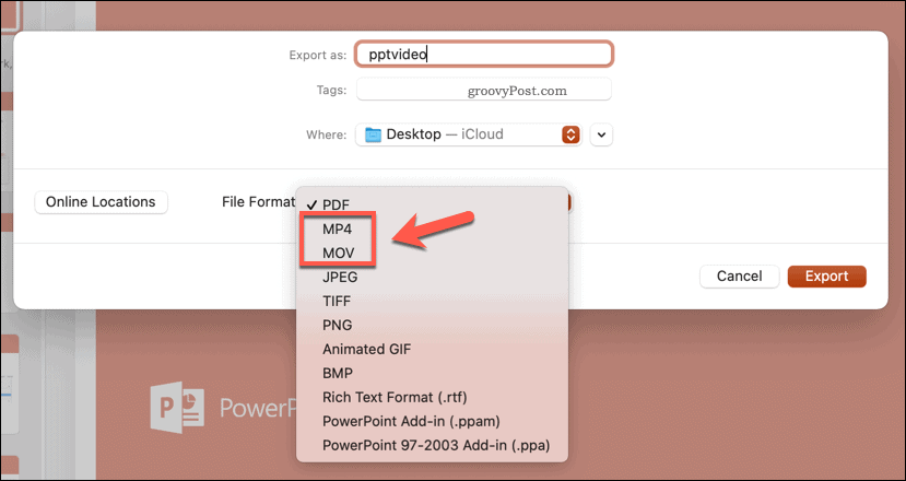 Het exportbestandsformaat selecteren in PowerPoint op Mac