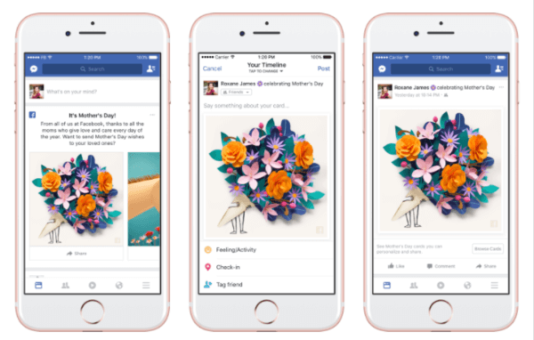 Facebook rolde gepersonaliseerde kaarten, themamaskers en kaders uit in de Facebook-camera en een tijdelijke "Dankbare" reactie ter ere van Moederdag.