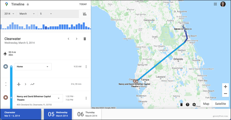 Reisdetails op de tijdlijn van Google Maps