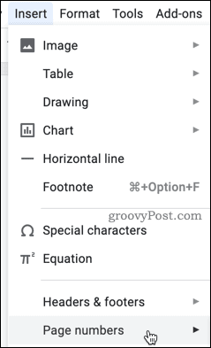 Menu Google Docs Paginanummers