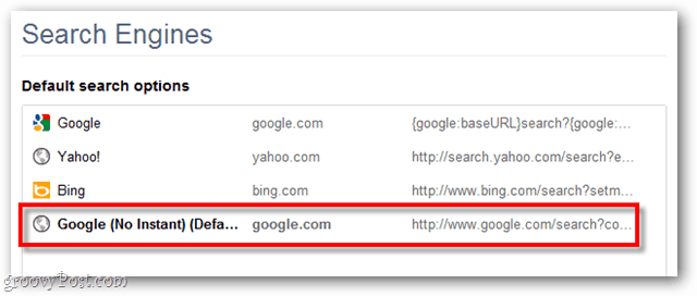 Standaard zoekopties van Google Chrome