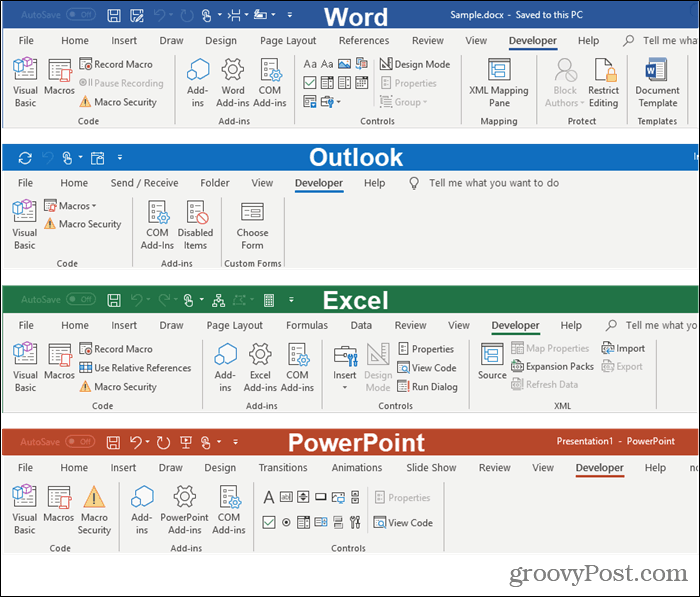 Tabbladen voor ontwikkelaars in Microsoft Office-programma's