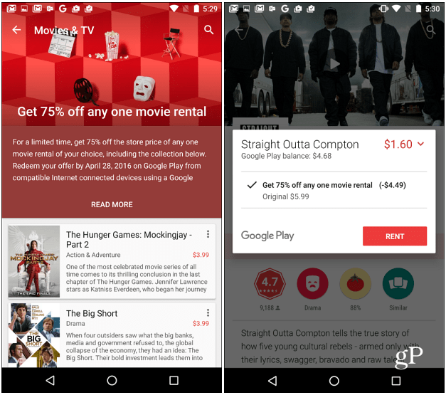 Google Play Movies biedt 75% korting op elke filmhuur