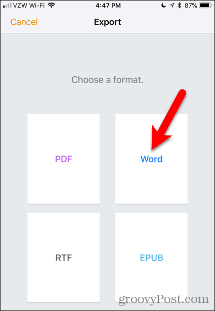 Tik op Word in Pages voor iOS