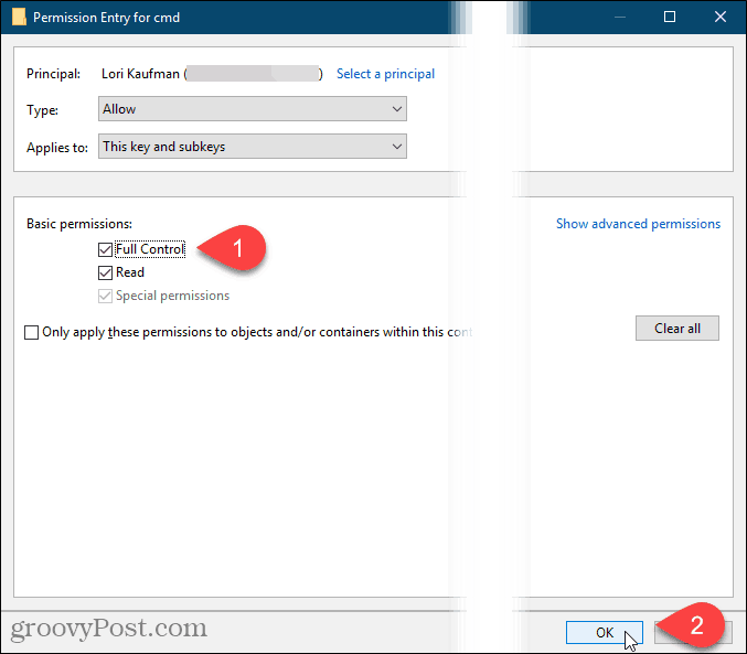 Vink Volledig beheer aan en klik op OK in het dialoogvenster Machtigingsinvoer in het Windows-register