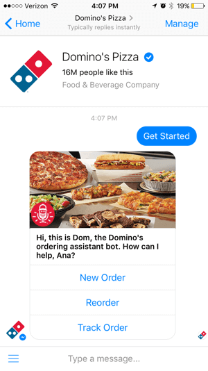 De chatbot van Domino maakt het voor klanten gemakkelijk om hun bestelling te volgen. Dit kan het aantal oproepen naar de winkel verminderen.