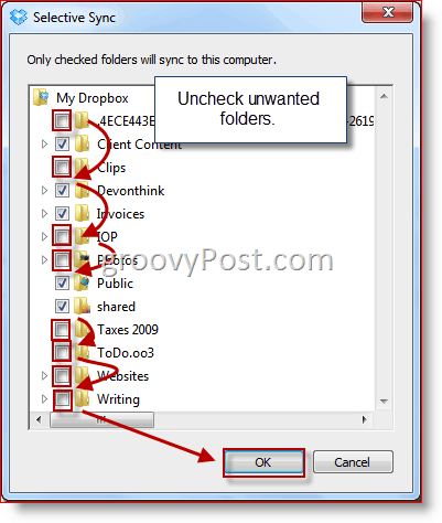 Windows Selective Sync Dropbox-mapselectie