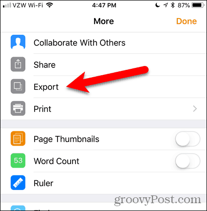Tik op Exporteren in Pages voor iOS
