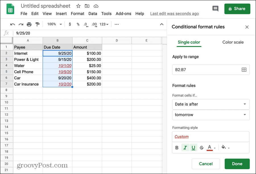 Voorwaardelijke opmaak voor datums in Google Spreadsheets