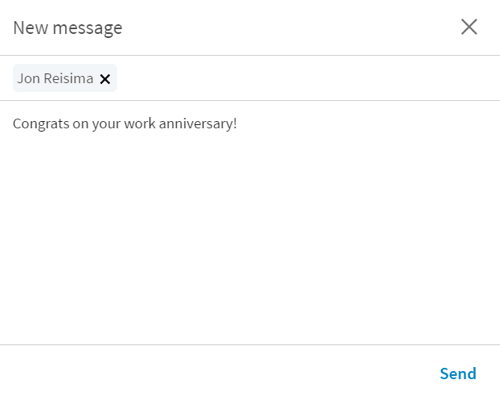 Wanneer je op de Say Congrats-knop klikt, opent LinkedIn een nieuw bericht met een korte starter.