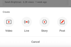 YouTube Create Story-knop.