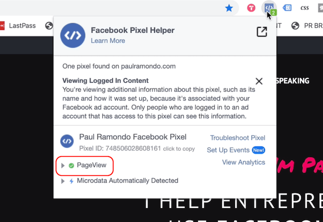 Facebook Pixel Helper toont de gebeurtenis Paginaweergave