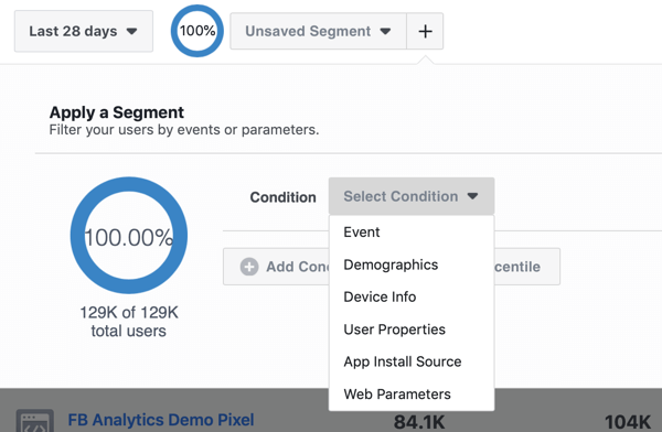Conditie-opties voor uw segmenten in uw Facebook Analytics-evenementbrongroepen.