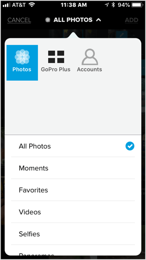 Tik op het + -pictogram en selecteer een video of vijf of meer afbeeldingen om in Quik te importeren.
