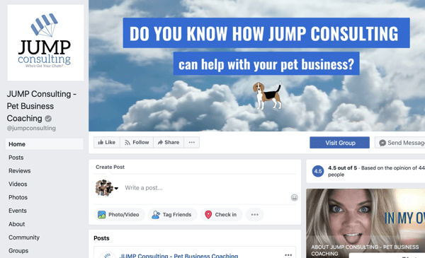 Hoe Facebook Groups-functies te gebruiken, voorbeeld van Facebook-pagina voor JUMP Consulting