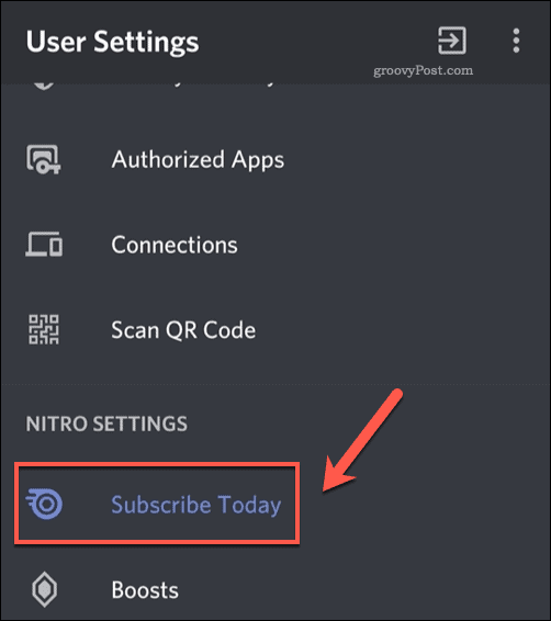 Discord Mobile Nitro Subscription Menu-optie