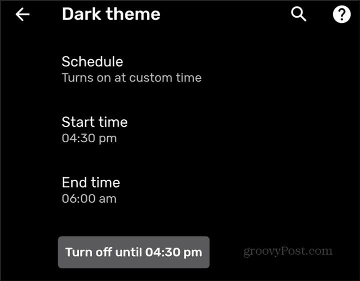 Dark Theme schema aangepaste tijd ingesteld