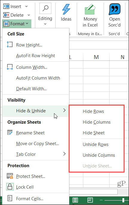 Kolomlint verbergen in Excel op Windows