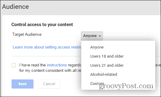Google+ plaatst de pagina met beperkingsinstellingen alcohol