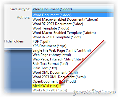 Sla Word-document op als mediawiki-opgemaakte tekst