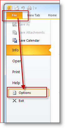 Bestand Outlook 2010, menu Opties