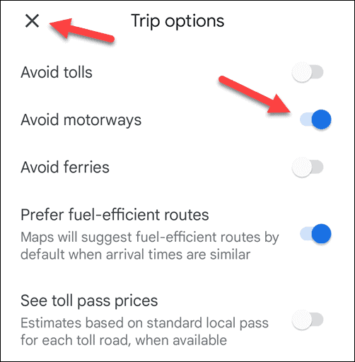 Vermijd snelwegen in Google Maps op mobiel