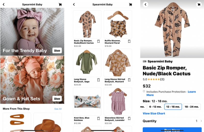 drie screenshots van de verschillende stadia van een facebookpagina die winkels posten met een shoppable item van een baby romper met woestijnthema