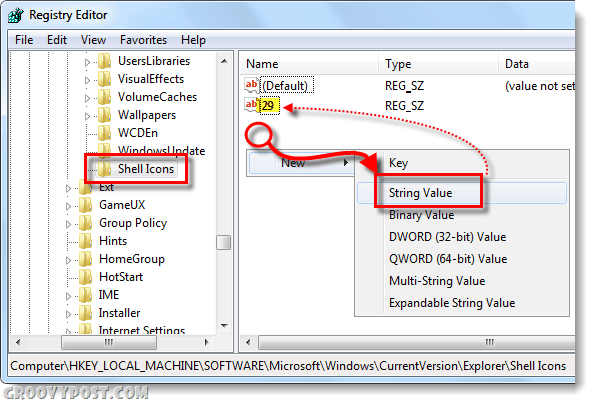 maak shell-pictogrammen en tekenreekswaarde 29 in Windows 7
