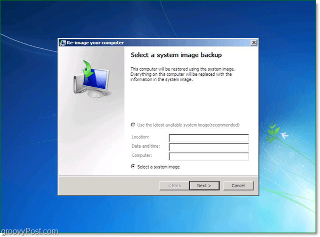 selecteer je Windows 7 systeemimage back-up