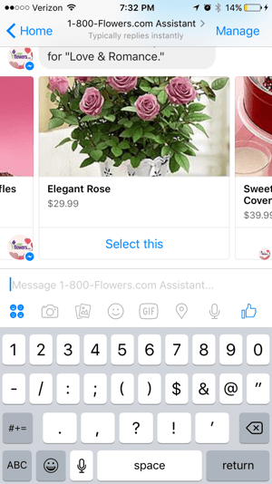 Klanten kunnen eenvoudig producten doorzoeken en selecteren uit de chatbot 1-800-Flowers.