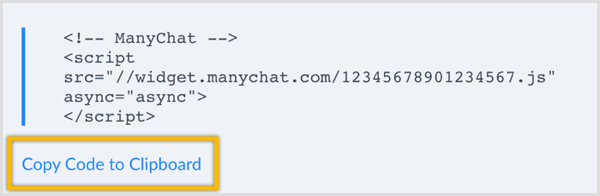 ManyChat Kopieer code naar klembord