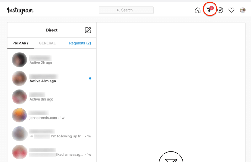 screenshot van het dashboard van Instagram Direct messages met het pictogram van het papieren vliegtuigje gemarkeerd
