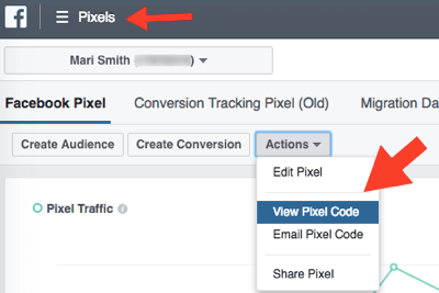 Selecteer Pixelcode bekijken in het menu Acties om uw Facebook-pixelcode te bekijken.