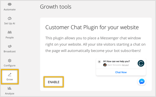 ChatFuel schakelt de chatplug-in voor klanten in