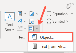 Selecteer Object om een ​​bestand in Word in te sluiten