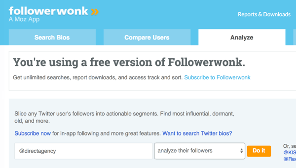 Selecteer het Twitter-account dat u met Followerwonk wilt analyseren.