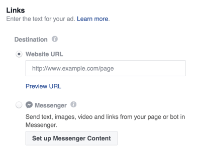 Kies een bestemming voor uw Facebook Messenger-advertentie.