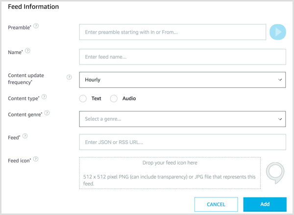 Vul de feedinformatiepagina in om je Alexa Flash-briefingfeed te configureren.