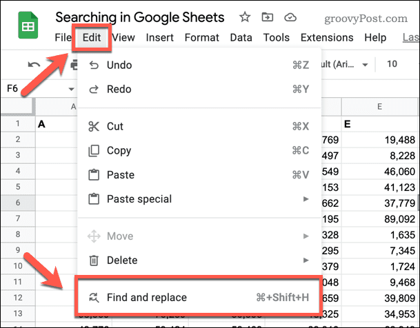 De tool Zoeken en vervangen openen in Google Spreadsheets