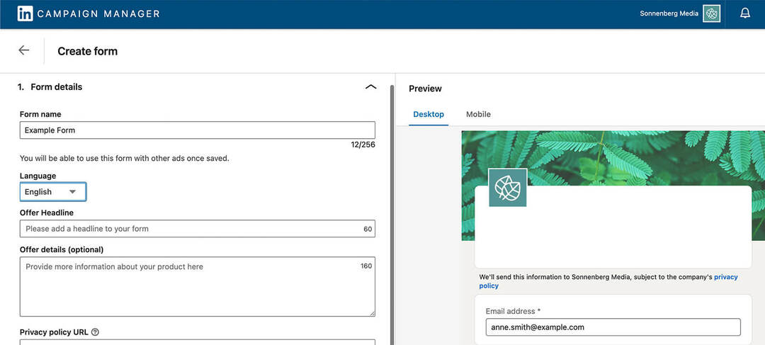 how-to-linkedin-campagnemanager-update-account-assets-set-up-lead-gen-form-sonnenberg-media-step-2