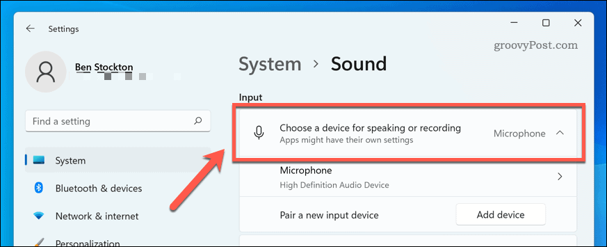 Een geluidsinvoerapparaat kiezen op Windows 11