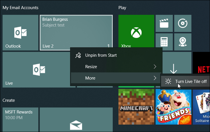 Schik Live Mail-tegels Windows 10 Start