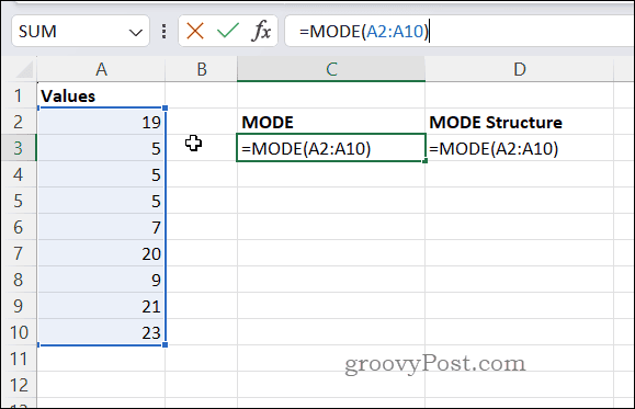 Voorbeeld MODE-formule in Excel