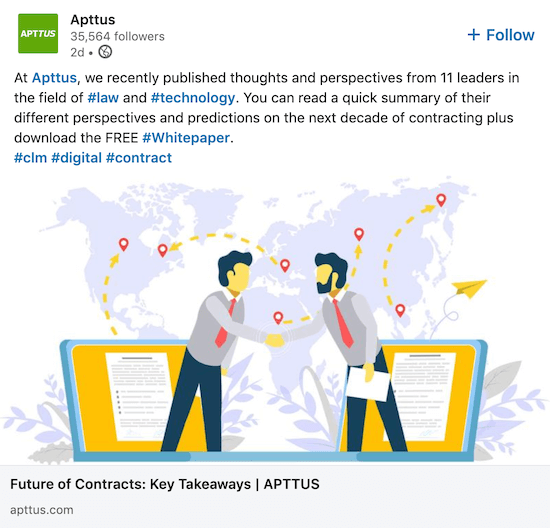 Post op LinkedIn-bedrijfspagina van Apttus met whitepaper van een merk
