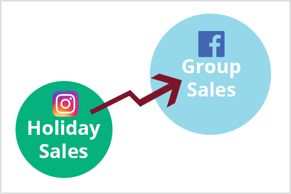 Een kleinere groene cirkel met het Instagram-logo en de tekst Holiday Sales verschijnt in de linkerbenedenhoek. Een kastanjebruine pijl verbindt de groene cirkel met een grotere blauwe cirkel met het Facebook-logo en de tekst Group Sales.