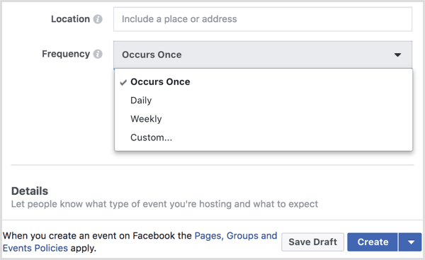 selecteer interval in het menu Frequentie om een ​​terugkerend evenement met Facebook-pagina te maken
