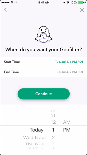Selecteer een datum en tijd waarop je Snapchat-geofilter actief moet zijn.